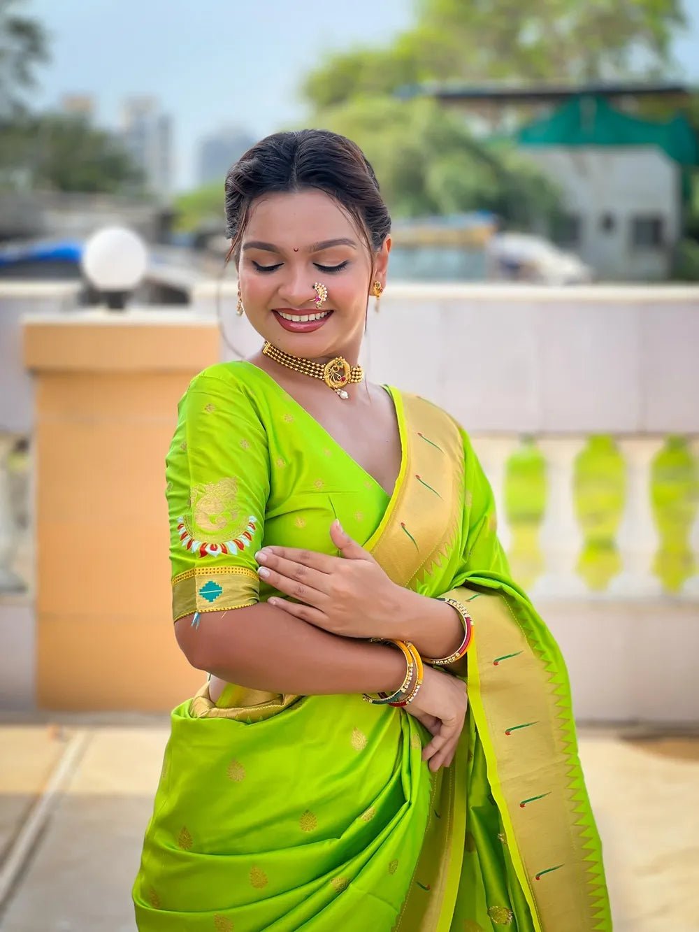 Traditional Paithani Silk Saree with Ganapati Pallu & Zari Weaving (Green)